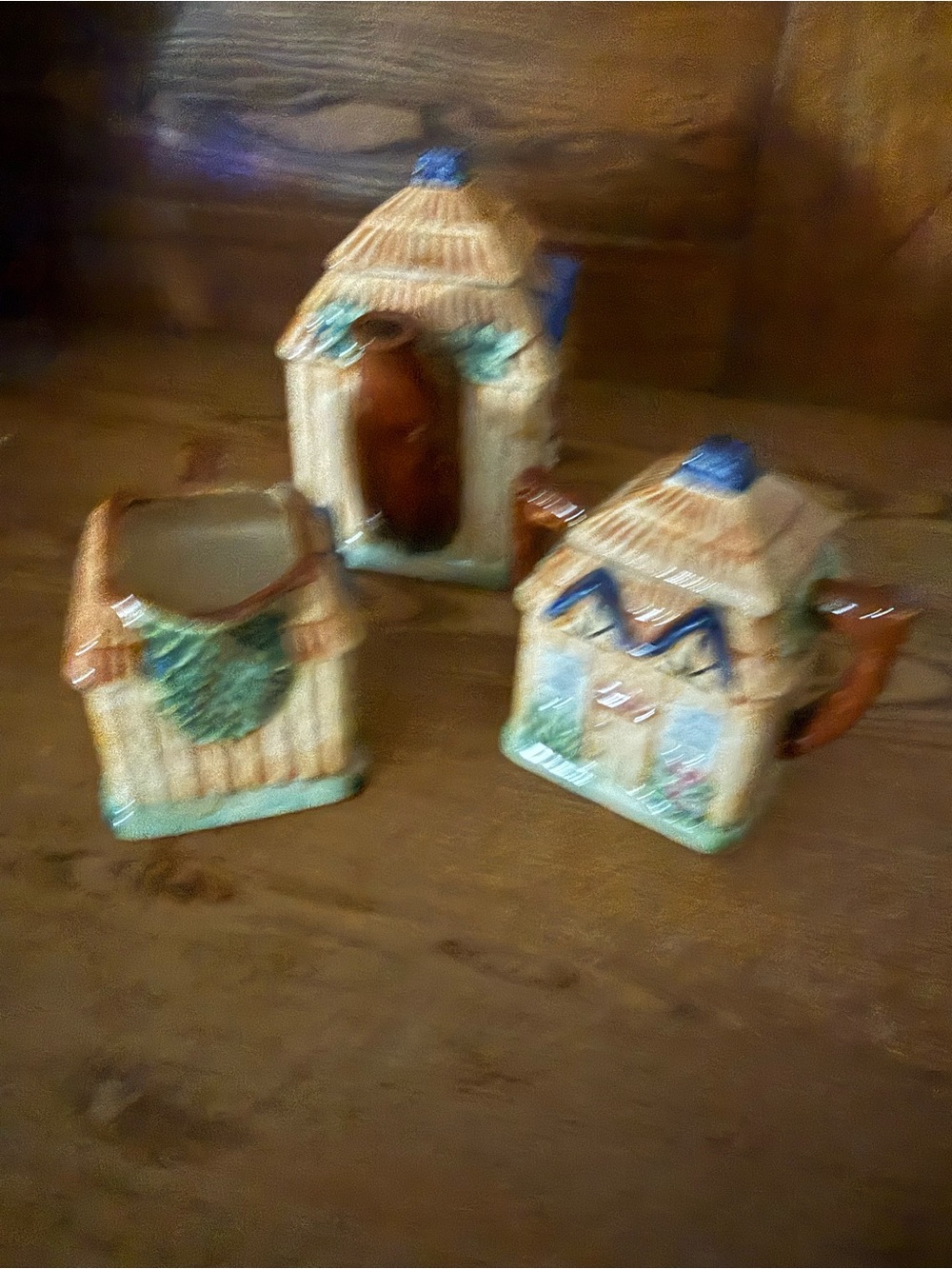 VTG Japanes Hand-Painted Ceramic Cottage Tea Set in Beige and Blue Accents preLV